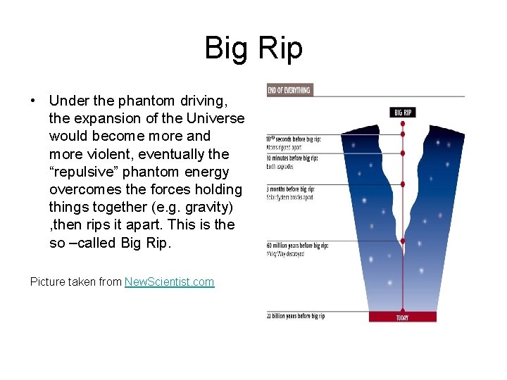 Big Rip • Under the phantom driving, the expansion of the Universe would become