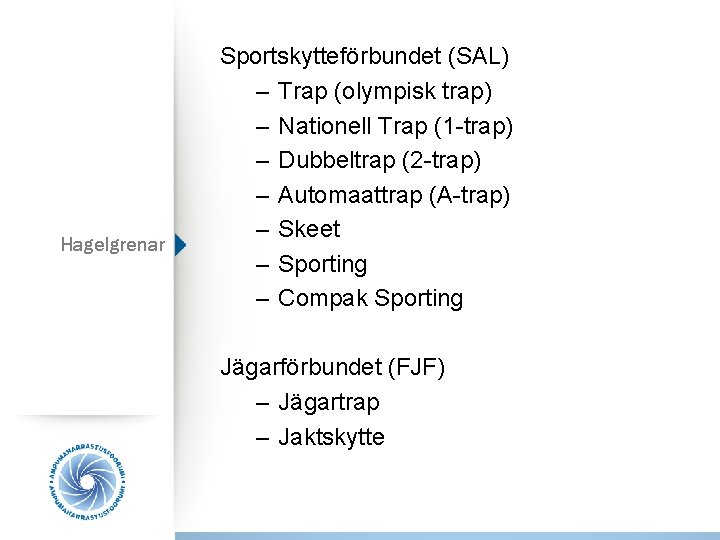 Hagelgrenar Sportskytteförbundet (SAL) – Trap (olympisk trap) – Nationell Trap (1 -trap) – Dubbeltrap