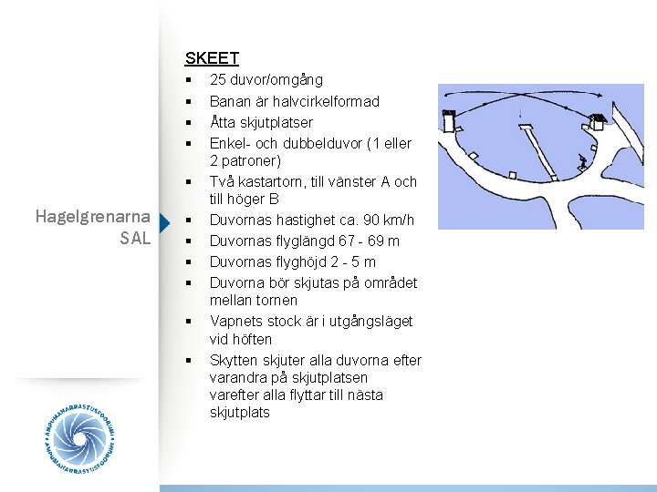 SKEET § § § Hagelgrenarna SAL § § § 25 duvor/omgång Banan är halvcirkelformad