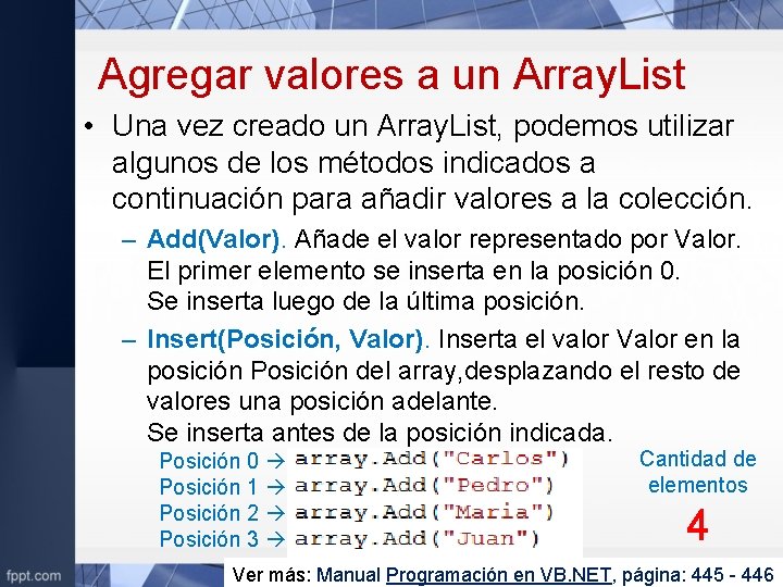 Agregar valores a un Array. List • Una vez creado un Array. List, podemos