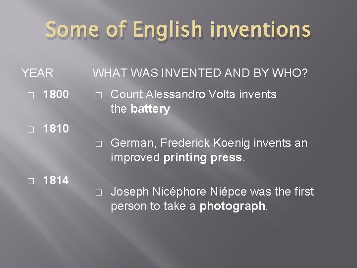Some of English inventions YEAR � 1800 � 1810 � WHAT WAS INVENTED AND