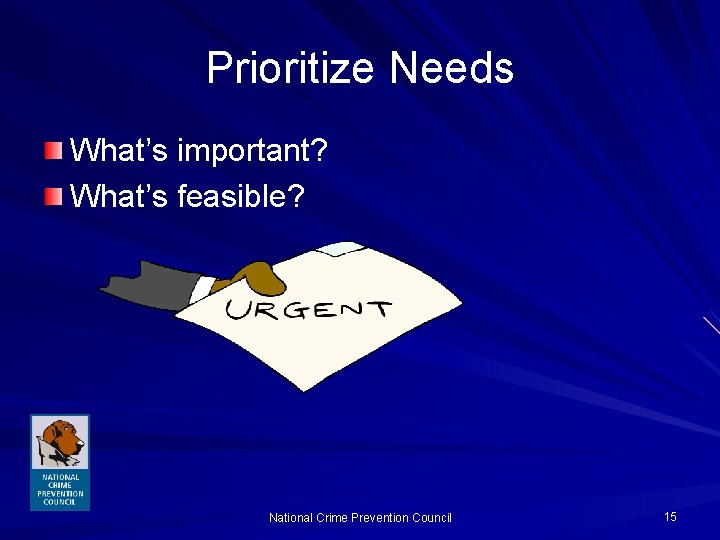 Prioritize Needs What’s important? What’s feasible? National Crime Prevention Council 15 