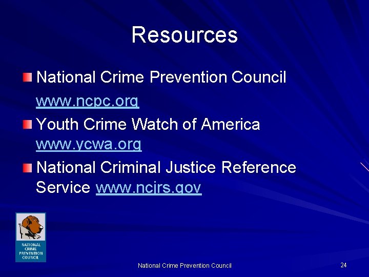 Resources National Crime Prevention Council www. ncpc. org Youth Crime Watch of America www.