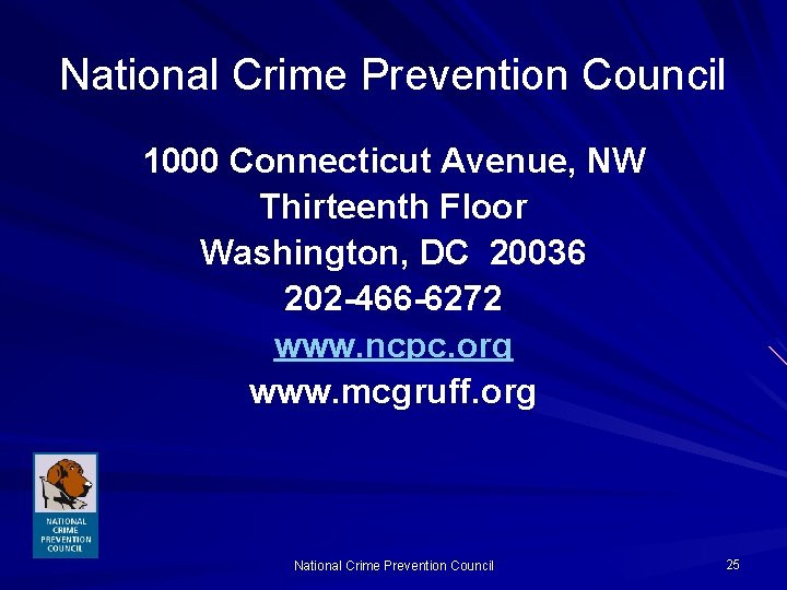 National Crime Prevention Council 1000 Connecticut Avenue, NW Thirteenth Floor Washington, DC 20036 202