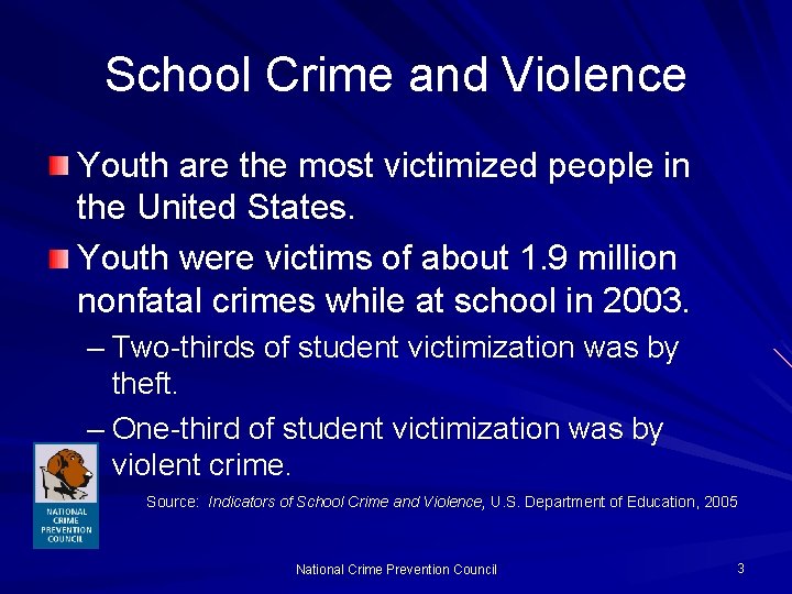 School Crime and Violence Youth are the most victimized people in the United States.