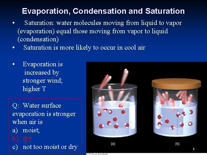 Evaporation, Condensation and Saturation • Saturation: water molecules moving from liquid to vapor (evaporation)