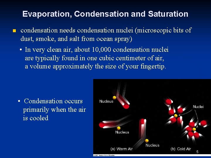 Evaporation, Condensation and Saturation n condensation needs condensation nuclei (microscopic bits of dust, smoke,
