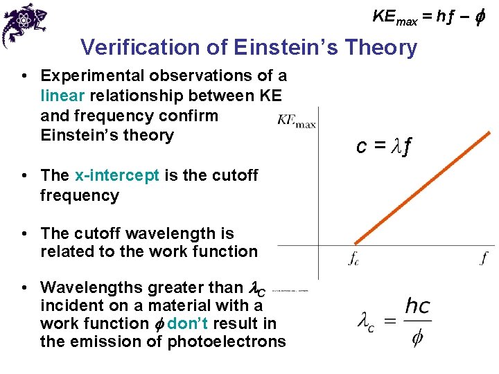 KEmax = hƒ – f Verification of Einstein’s Theory • Experimental observations of a KEmax = hƒ – f Verification of Einstein’s Theory • Experimental observations of a