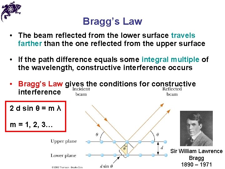Bragg’s Law • The beam reflected from the lower surface travels farther than the Bragg’s Law • The beam reflected from the lower surface travels farther than the