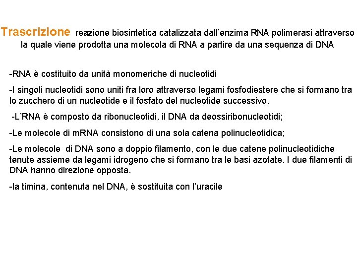 Trascrizione reazione biosintetica catalizzata dall’enzima RNA polimerasi attraverso la quale viene prodotta una molecola