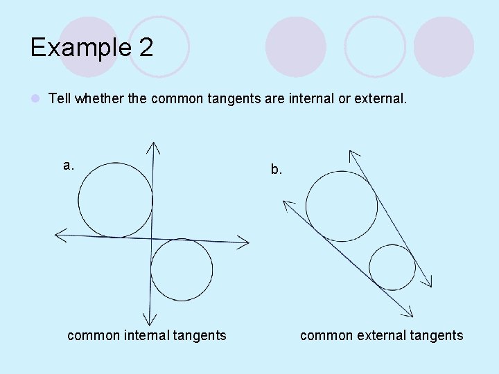 Example 2 l Tell whether the common tangents are internal or external. a. common