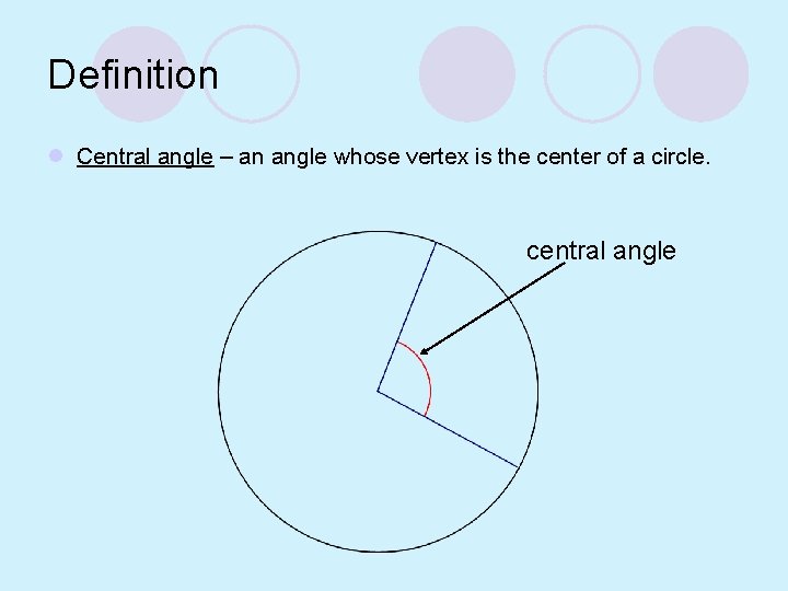 Definition l Central angle – an angle whose vertex is the center of a