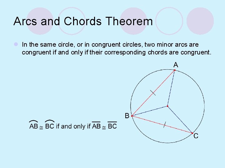 Arcs and Chords Theorem l In the same circle, or in congruent circles, two
