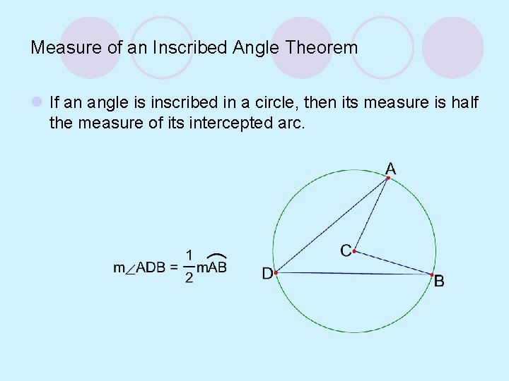 Measure of an Inscribed Angle Theorem l If an angle is inscribed in a