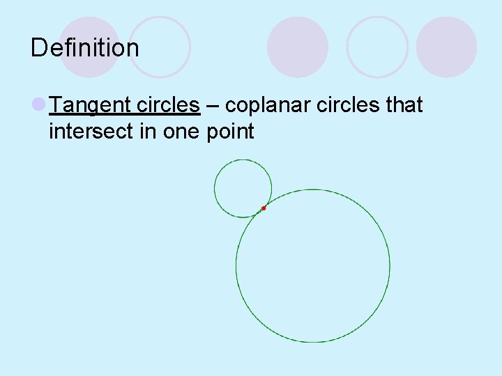 Definition l Tangent circles – coplanar circles that intersect in one point 