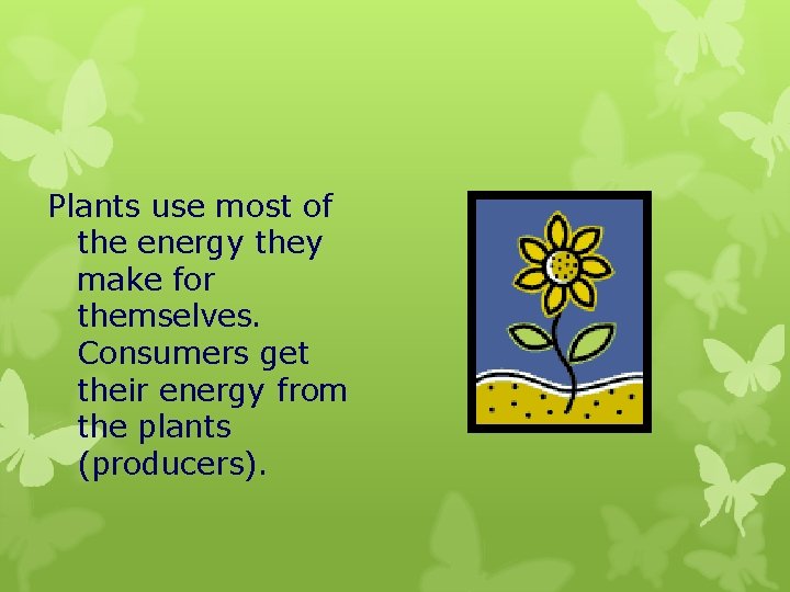 Plants use most of the energy they make for themselves. Consumers get their energy Plants use most of the energy they make for themselves. Consumers get their energy