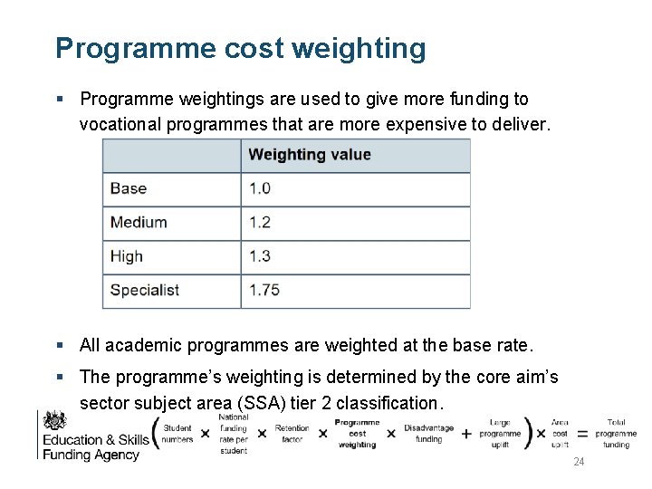 Programme cost weighting § Programme weightings are used to give more funding to vocational Programme cost weighting § Programme weightings are used to give more funding to vocational
