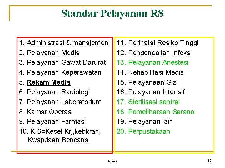 Standar Pelayanan RS 1. Administrasi & manajemen 2. Pelayanan Medis 3. Pelayanan Gawat Darurat