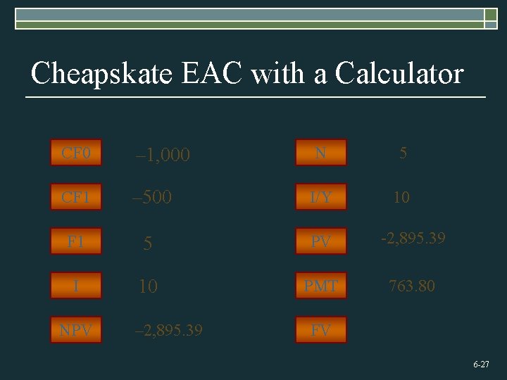 Cheapskate EAC with a Calculator N 5 – 500 I/Y 10 F 1 5