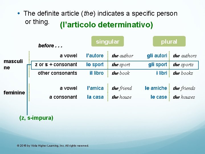  • The definite article (the) indicates a specific person or thing. (l’articolo determinativo)