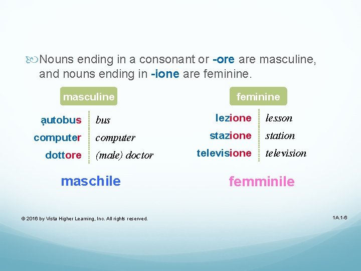  Nouns ending in a consonant or -ore are masculine, and nouns ending in