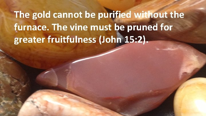 The gold cannot be purified without the furnace. The vine must be pruned for