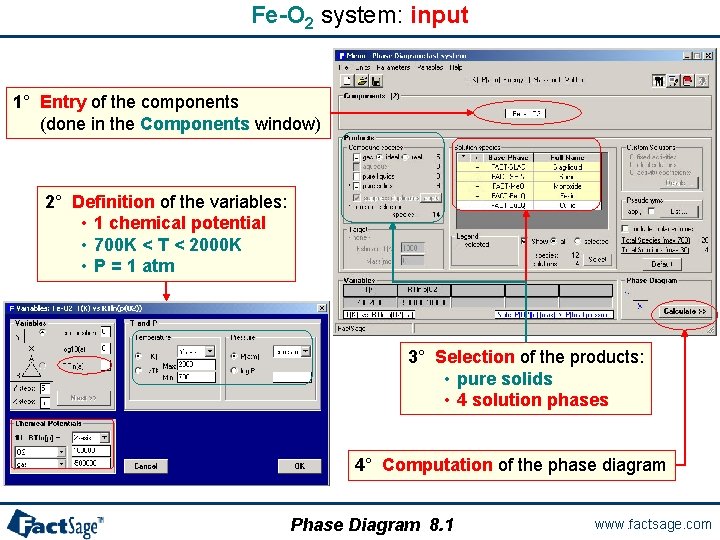 Fe-O 2 system: input 1° Entry of the components (done in the Components window)