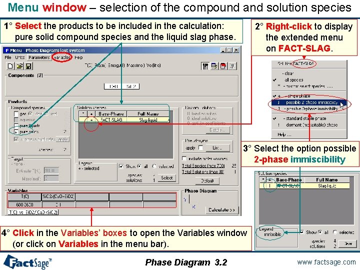 Menu window – selection of the compound and solution species 1° Select the products