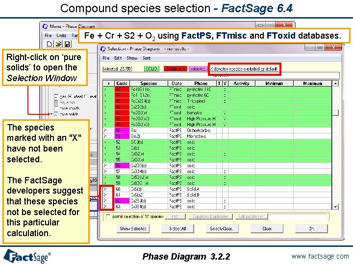 Compound species selection - Fact. Sage 6. 4 Fe + Cr + S 2