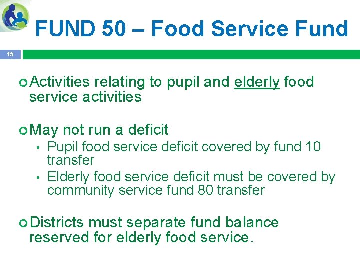 FUND 50 – Food Service Fund 15 Activities relating to pupil and elderly food
