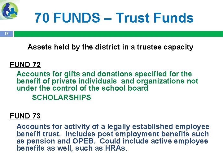 70 FUNDS – Trust Funds 17 Assets held by the district in a trustee