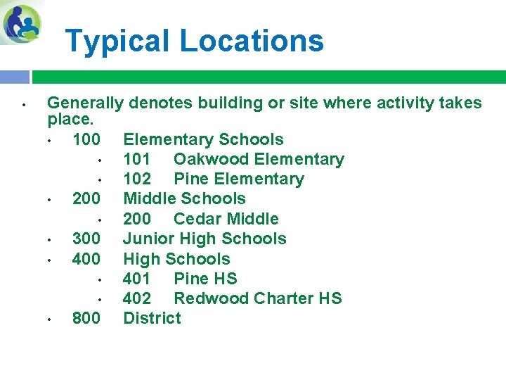 Typical Locations • Generally denotes building or site where activity takes place. • 100