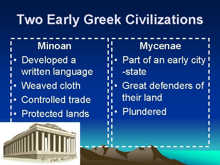 Two Early Greek Civilizations • • Minoan Developed a written language Weaved cloth Controlled