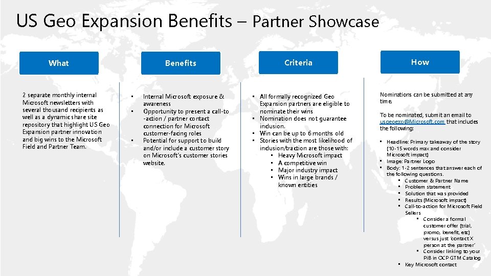 US Geo Expansion Benefits – Partner Showcase What 2 separate monthly internal Microsoft newsletters