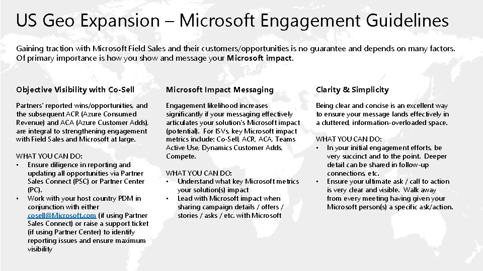 US Geo Expansion – Microsoft Engagement Guidelines Gaining traction with Microsoft Field Sales and