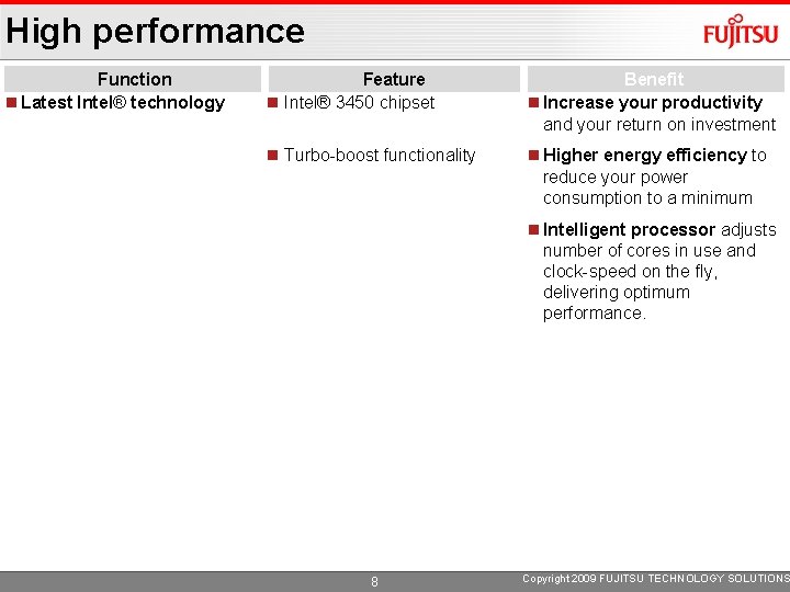 High performance Function Latest Intel® technology Feature Intel® 3450 chipset Benefit Increase your productivity
