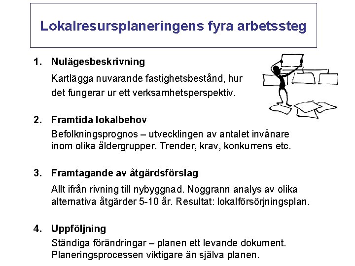 Lokalresursplaneringens fyra arbetssteg 1. Nulägesbeskrivning Kartlägga nuvarande fastighetsbestånd, hur det fungerar ur ett verksamhetsperspektiv.