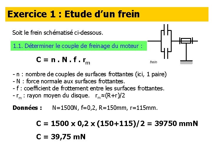 Exercice 1 : Etude d’un frein Soit le frein schématisé ci-dessous. 1. 1. Déterminer