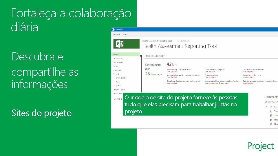 Fortaleça a colaboração diária Descubra e compartilhe as informações Sites do projeto O modelo