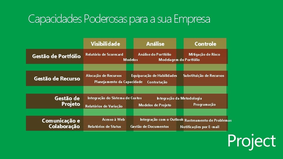 Capacidades Poderosas para a sua Empresa Gestão de Portfólio Gestão de Recurso Gestão de