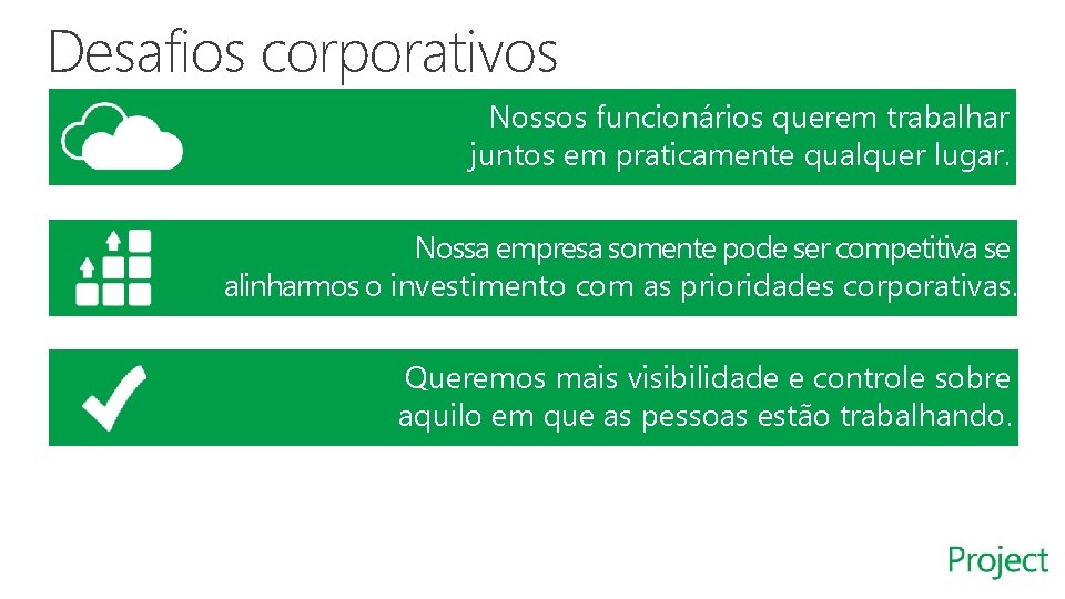 Desafios corporativos Nossos funcionários querem trabalhar juntos em praticamente qualquer lugar. Nossa empresa somente