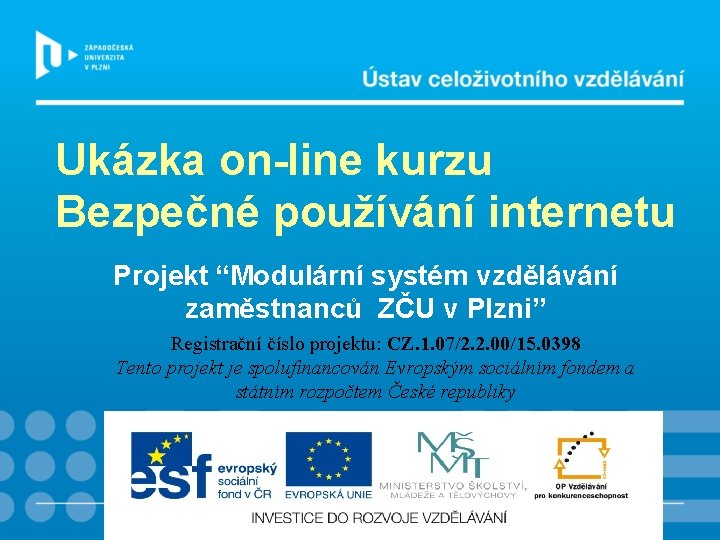 Ukázka on-line kurzu Bezpečné používání internetu Projekt “Modulární systém vzdělávání zaměstnanců ZČU v Plzni”