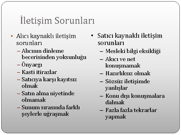 İletişim Sorunları • Alıcı kaynaklı iletişim sorunları – Alıcının dinleme becerisinden yoksunluğu – Önyargı