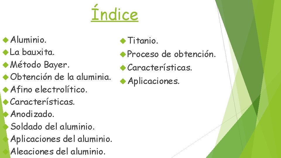 Índice Aluminio. La Titanio. bauxita. Proceso de obtención. Método Bayer. Características. Obtención de la Índice Aluminio. La Titanio. bauxita. Proceso de obtención. Método Bayer. Características. Obtención de la
