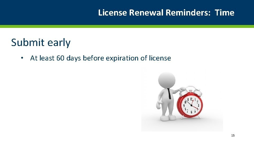 License Renewal Reminders: Time Submit early • At least 60 days before expiration of