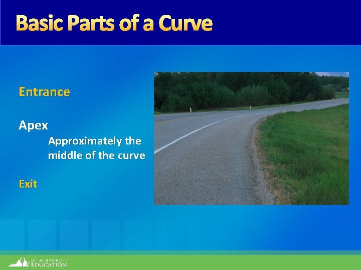 Basic Parts of a Curve Entrance Apex Approximately the middle of the curve Exit