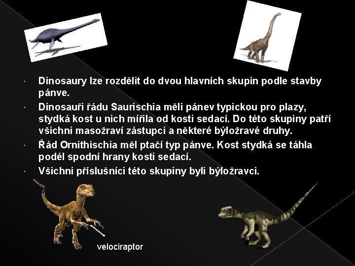  Dinosaury lze rozdělit do dvou hlavních skupin podle stavby pánve. Dinosauři řádu Saurischia