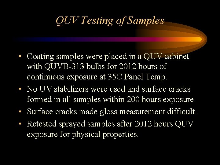 QUV Testing of Samples • Coating samples were placed in a QUV cabinet with