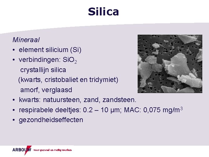 Silica Mineraal • element silicium (Si) • verbindingen: Si. O 2 crystallijn silica (kwarts,