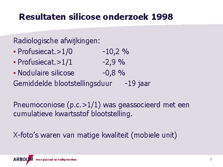 Resultaten silicose onderzoek 1998 Radiologische afwijkingen: • Profusiecat. >1/0 -10, 2 % • Profusiecat.